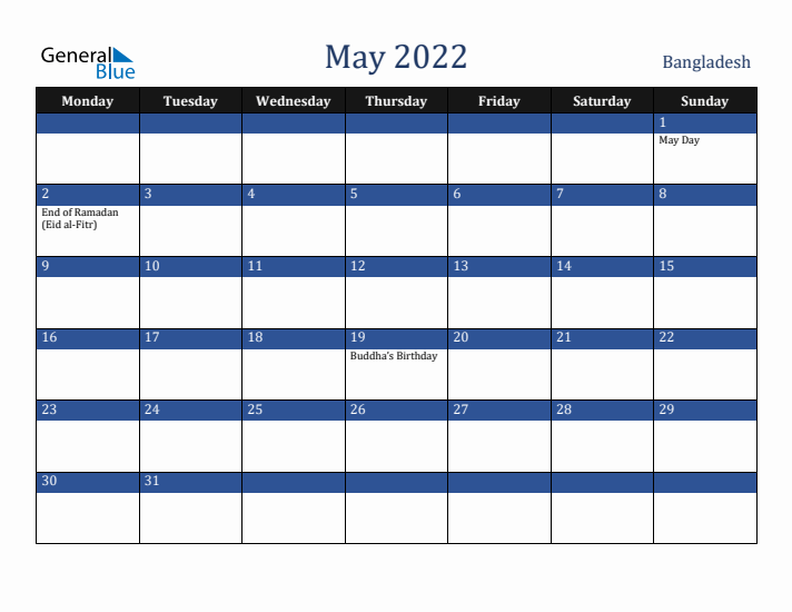 May 2022 Bangladesh Calendar (Monday Start)