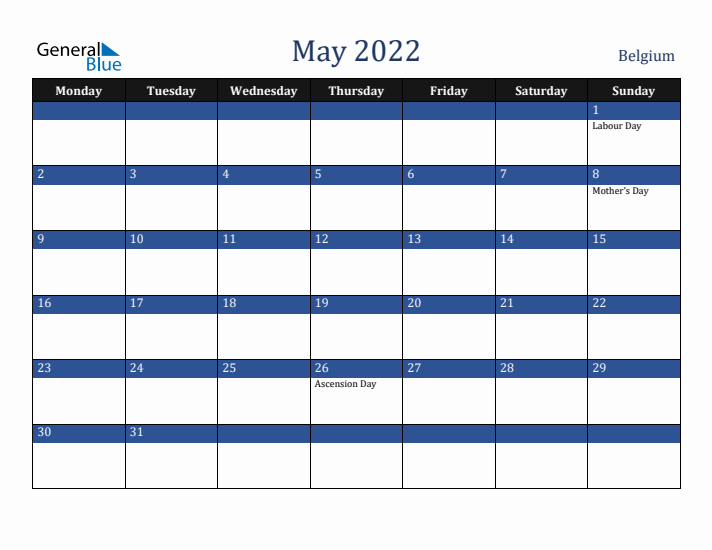 May 2022 Belgium Calendar (Monday Start)