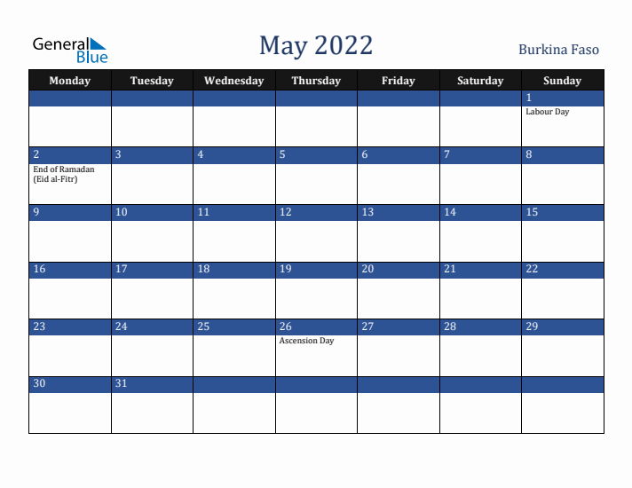 May 2022 Burkina Faso Calendar (Monday Start)