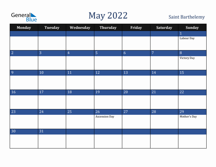 May 2022 Saint Barthelemy Calendar (Monday Start)