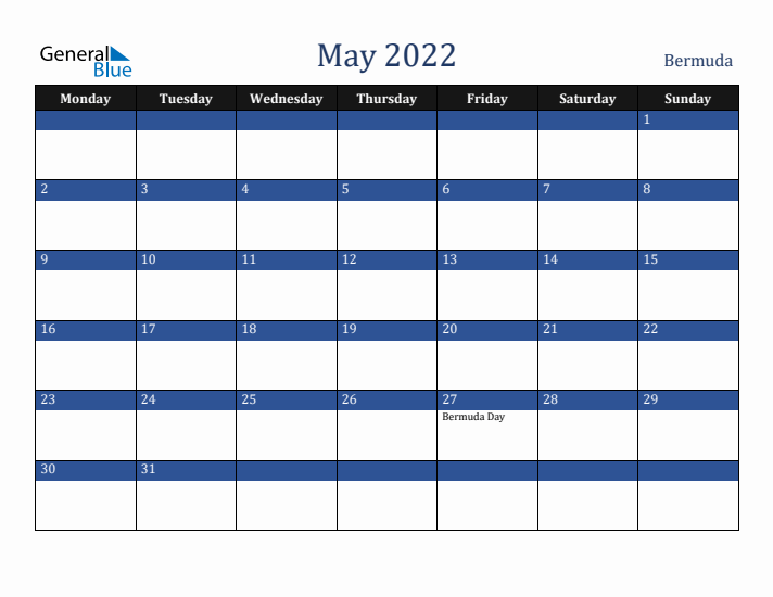 May 2022 Bermuda Calendar (Monday Start)