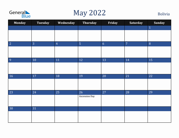 May 2022 Bolivia Calendar (Monday Start)