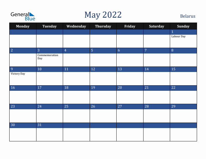 May 2022 Belarus Calendar (Monday Start)