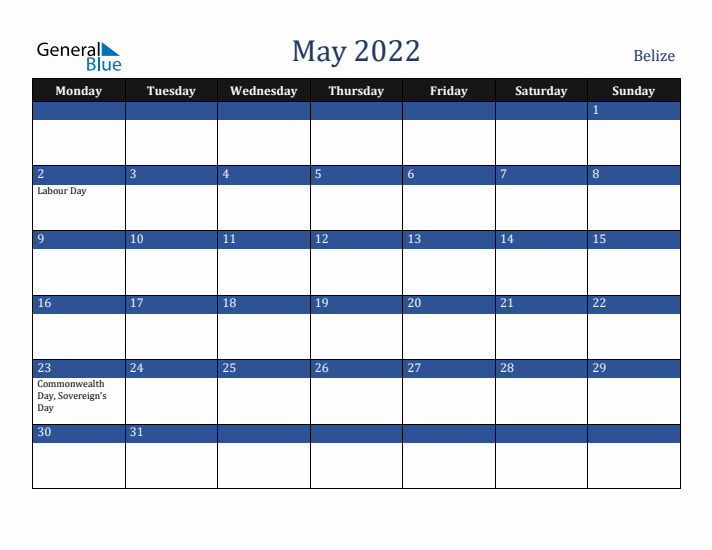 May 2022 Belize Calendar (Monday Start)