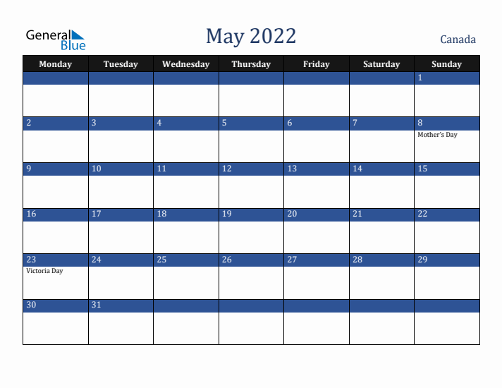 May 2022 Canada Calendar (Monday Start)