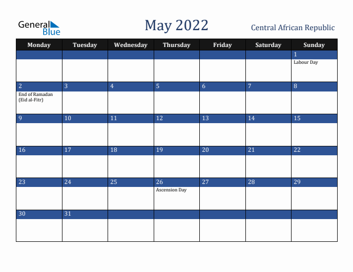 May 2022 Central African Republic Calendar (Monday Start)