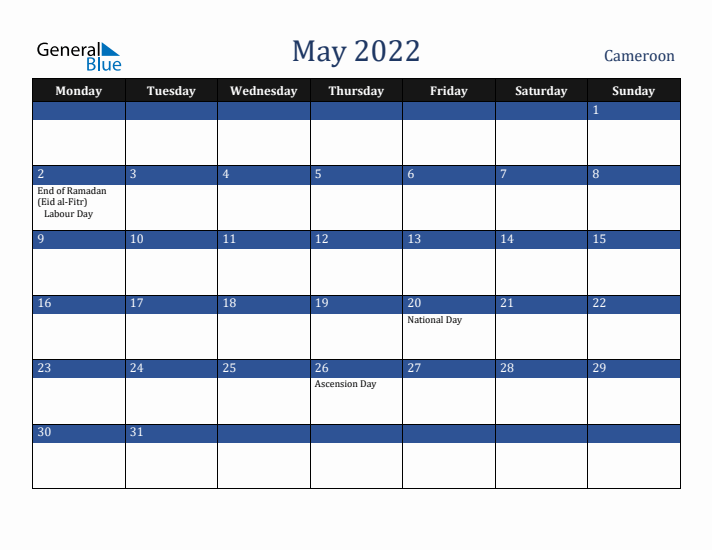 May 2022 Cameroon Calendar (Monday Start)