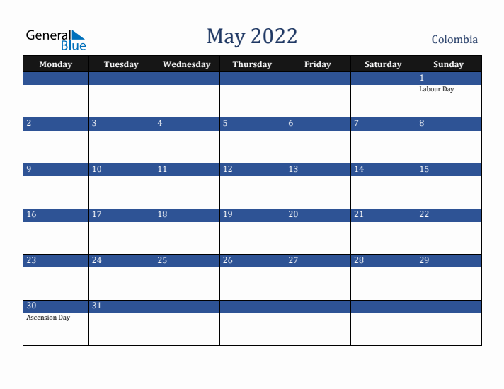 May 2022 Colombia Calendar (Monday Start)