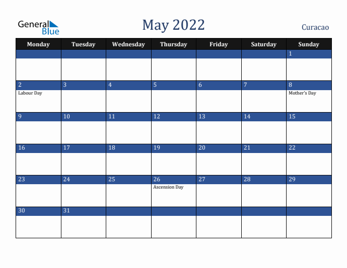 May 2022 Curacao Calendar (Monday Start)