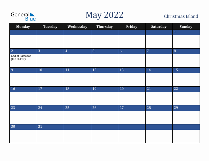 May 2022 Christmas Island Calendar (Monday Start)