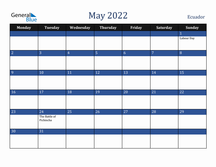 May 2022 Ecuador Calendar (Monday Start)
