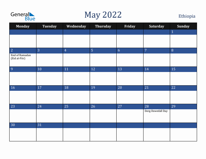 May 2022 Ethiopia Calendar (Monday Start)