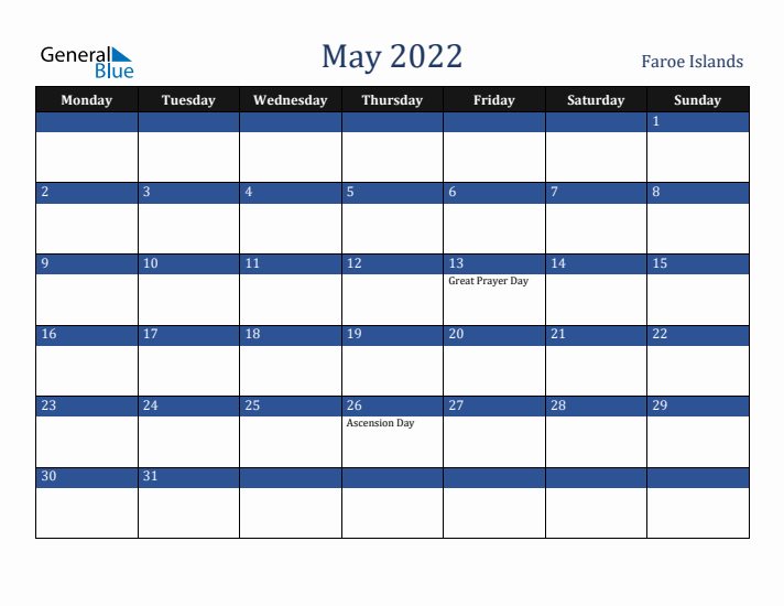May 2022 Faroe Islands Calendar (Monday Start)