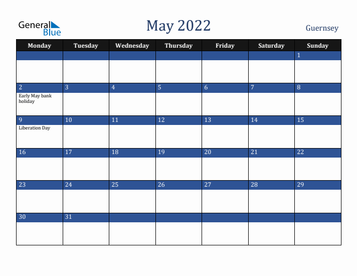 May 2022 Guernsey Calendar (Monday Start)
