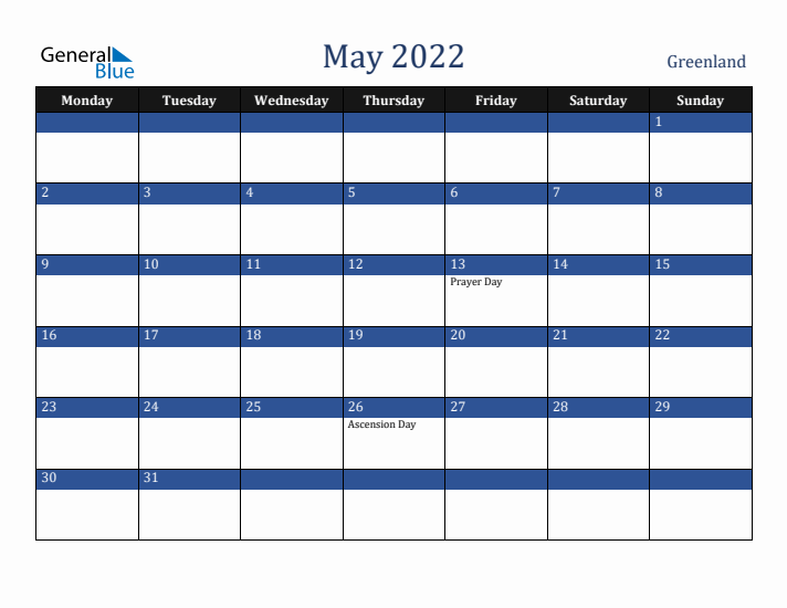 May 2022 Greenland Calendar (Monday Start)