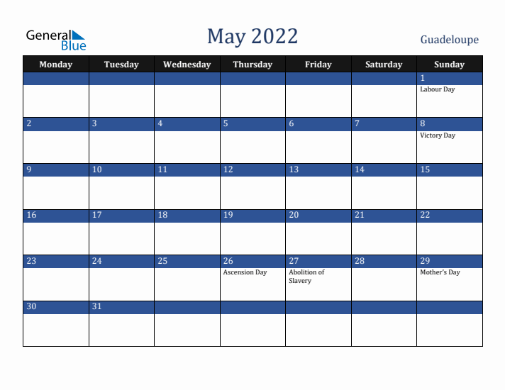 May 2022 Guadeloupe Calendar (Monday Start)