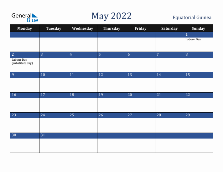 May 2022 Equatorial Guinea Calendar (Monday Start)