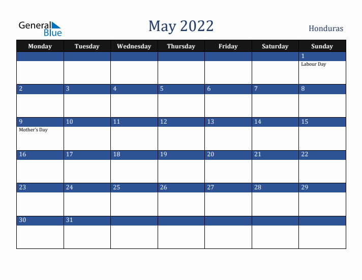 May 2022 Honduras Calendar (Monday Start)