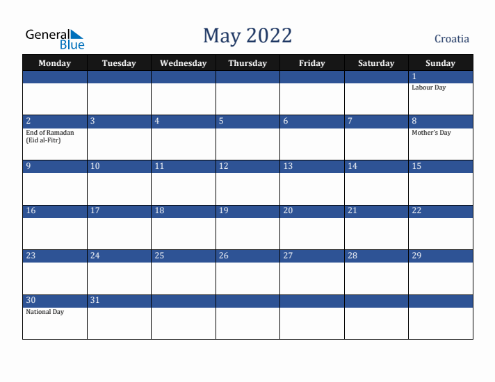 May 2022 Croatia Calendar (Monday Start)