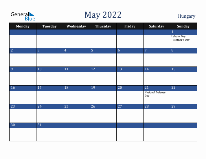 May 2022 Hungary Calendar (Monday Start)