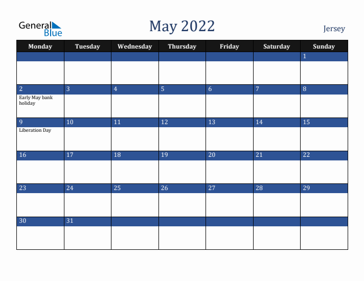 May 2022 Jersey Calendar (Monday Start)