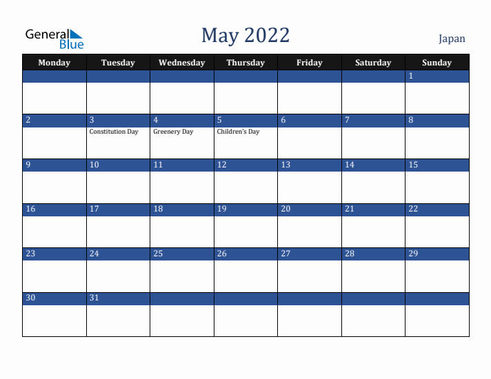 May 2022 Japan Calendar (Monday Start)