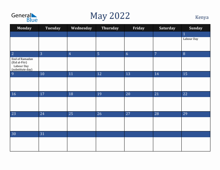 May 2022 Kenya Calendar (Monday Start)