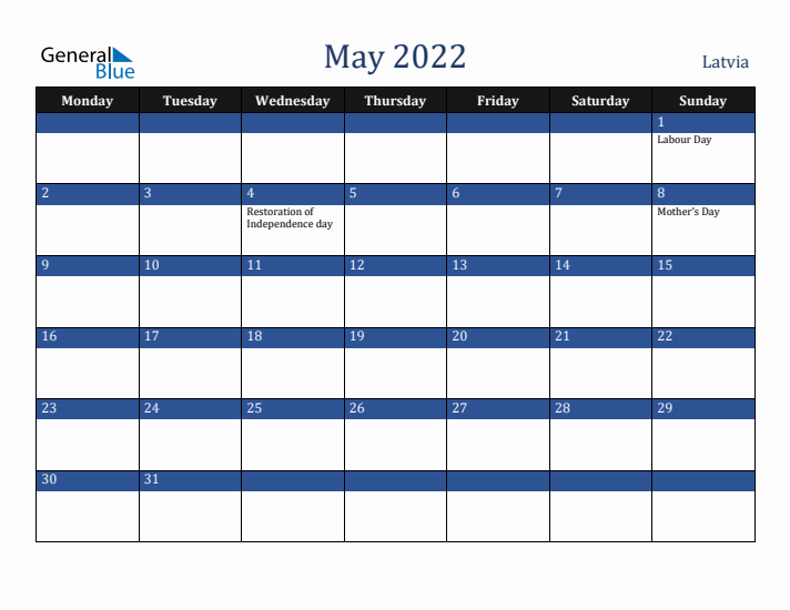 May 2022 Latvia Calendar (Monday Start)