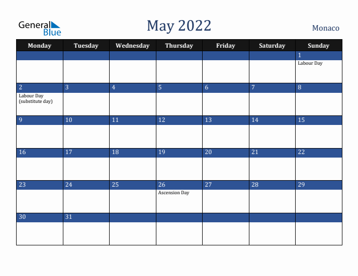 May 2022 Monaco Calendar (Monday Start)