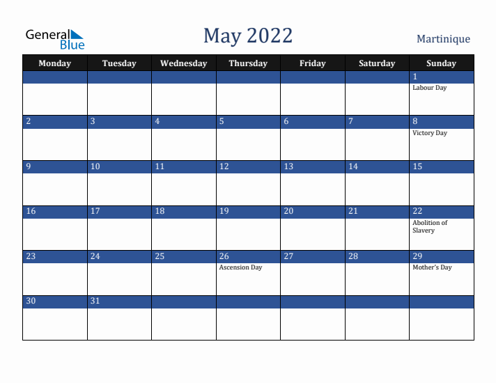 May 2022 Martinique Calendar (Monday Start)