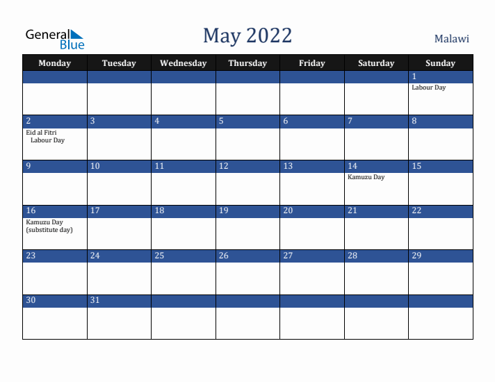 May 2022 Malawi Calendar (Monday Start)