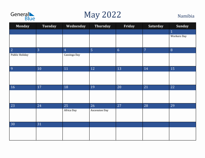 May 2022 Namibia Calendar (Monday Start)