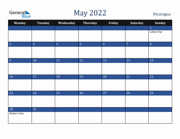 May 2022 Nicaragua Calendar (Monday Start)