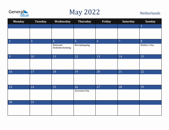 May 2022 The Netherlands Calendar (Monday Start)