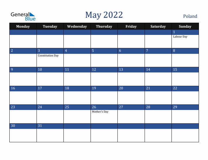 May 2022 Poland Calendar (Monday Start)