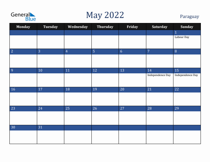 May 2022 Paraguay Calendar (Monday Start)