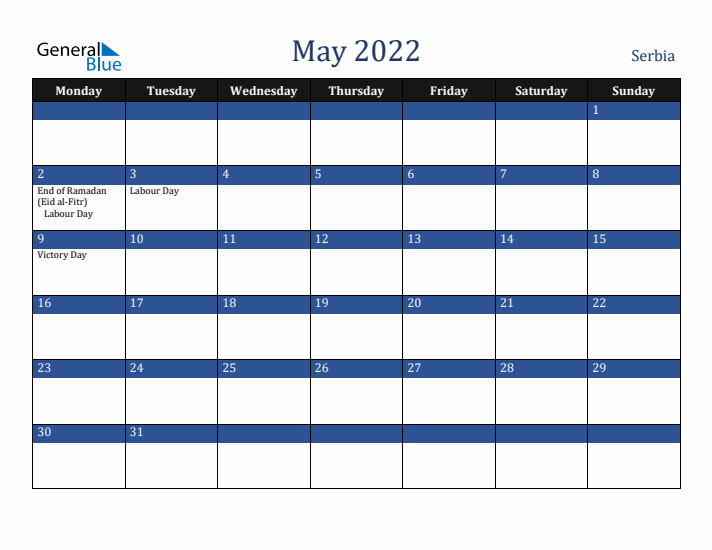 May 2022 Serbia Calendar (Monday Start)