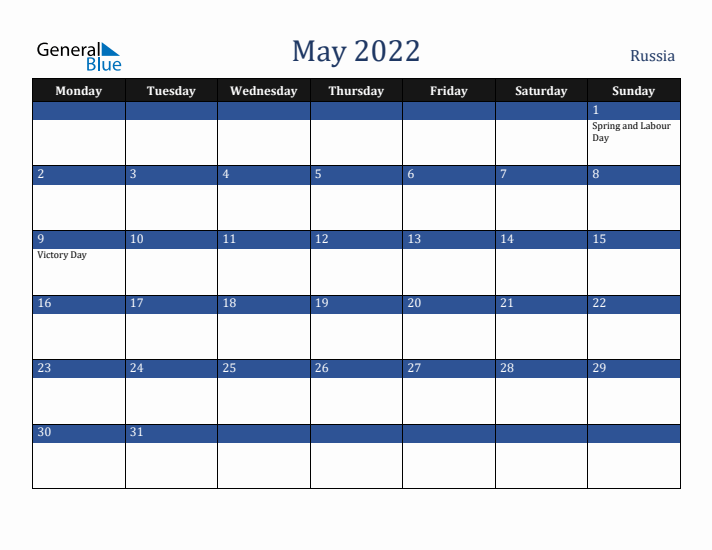 May 2022 Russia Calendar (Monday Start)
