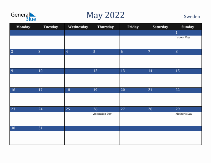 May 2022 Sweden Calendar (Monday Start)