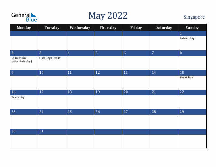 May 2022 Singapore Calendar (Monday Start)