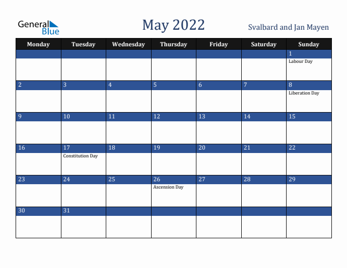 May 2022 Svalbard and Jan Mayen Calendar (Monday Start)