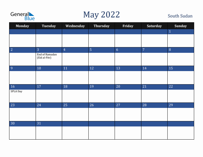 May 2022 South Sudan Calendar (Monday Start)