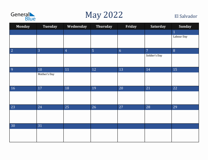 May 2022 El Salvador Calendar (Monday Start)