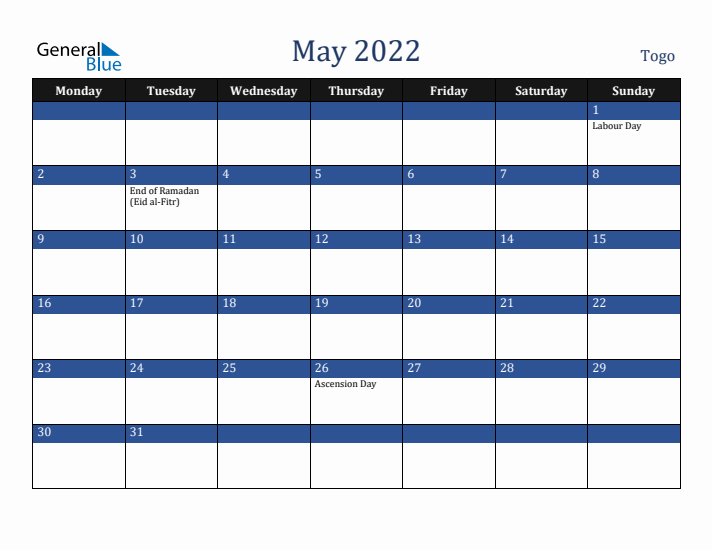 May 2022 Togo Calendar (Monday Start)
