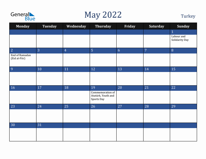 May 2022 Turkey Calendar (Monday Start)