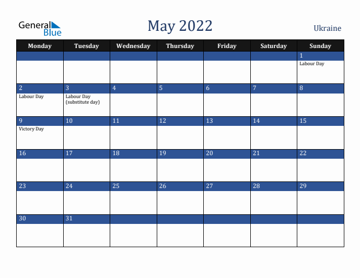 May 2022 Ukraine Calendar (Monday Start)