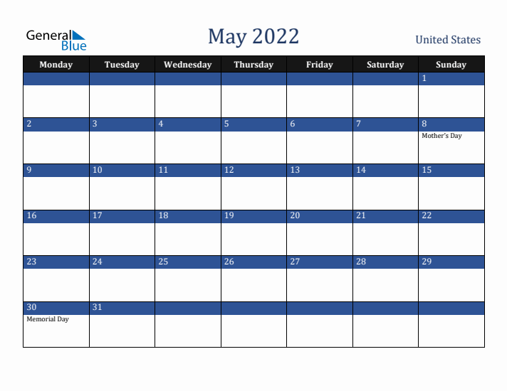 May 2022 United States Calendar (Monday Start)