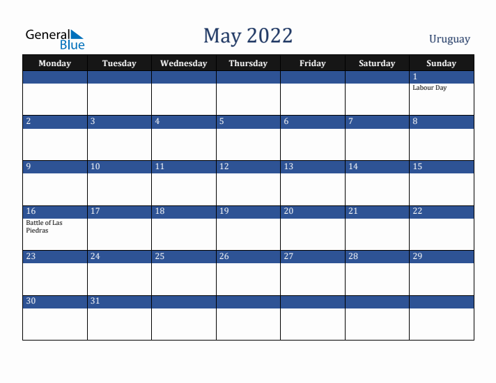 May 2022 Uruguay Calendar (Monday Start)