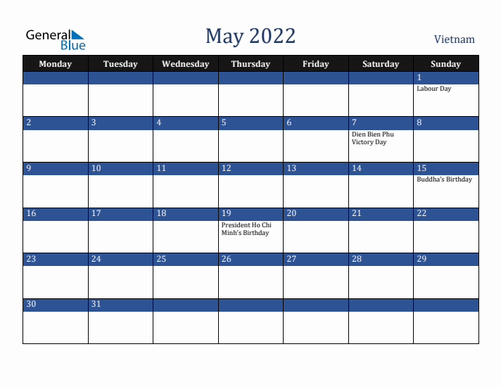 May 2022 Vietnam Calendar (Monday Start)