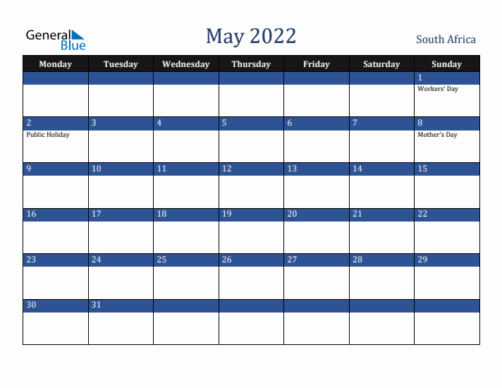 May 2022 South Africa Calendar (Monday Start)